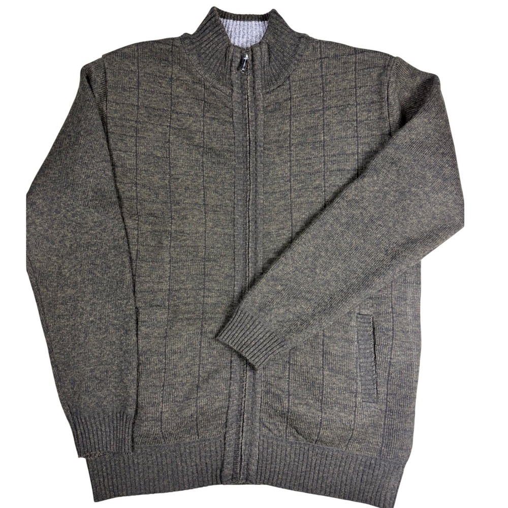 Gioberti Mens Full Zip Fleece Lined Cardigan Sweater Olive Green Windowpane L